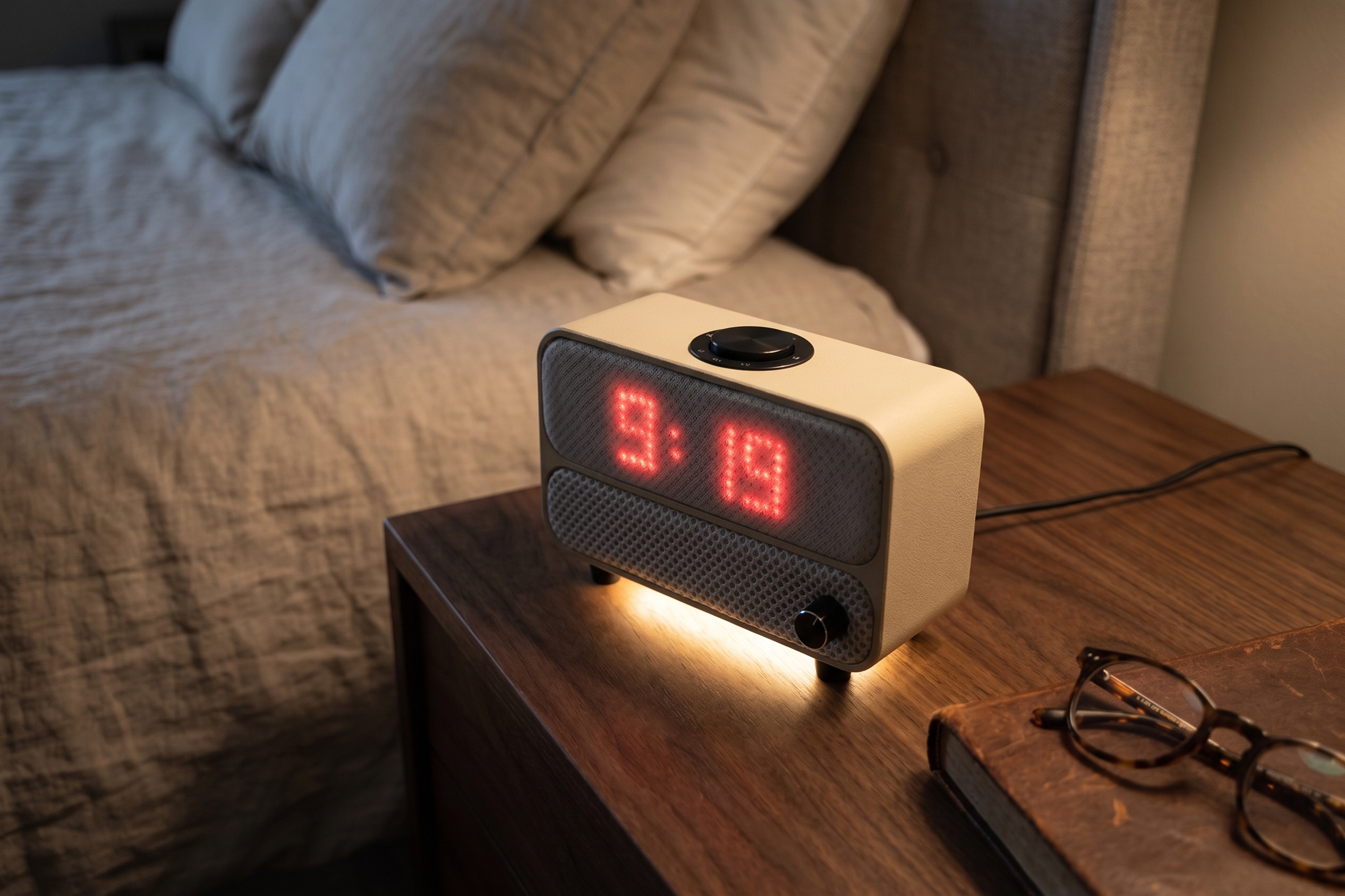 The Aveira One glowing softly on a walnut nightstand beside the bed