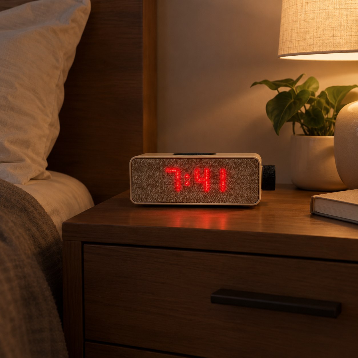 The Aveira One glowing 7:41 on a nightstand beside the bed and a lamp