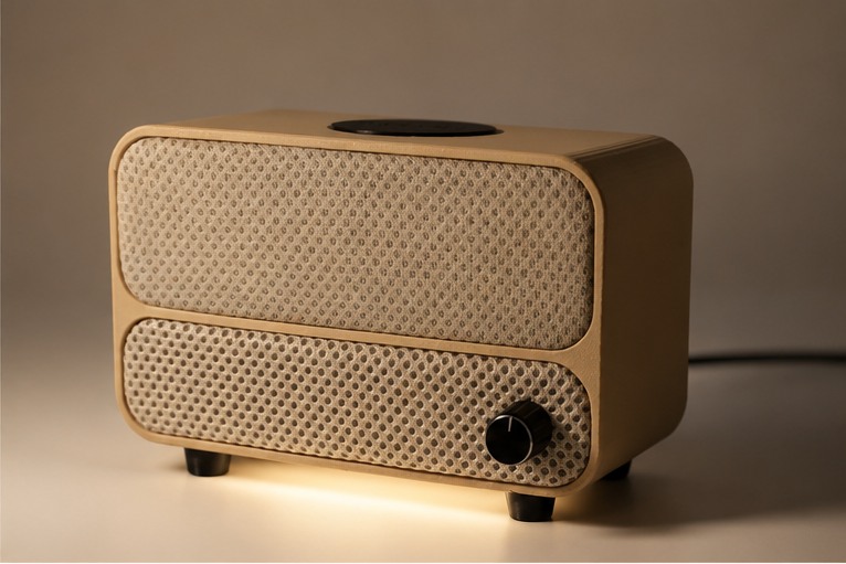 The Aveira One at a three-quarter angle, showing the top dock and volume knob
