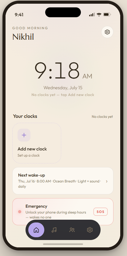 The Aveira Companion App home screen, showing today's alarm, your clocks, and the emergency unlock option