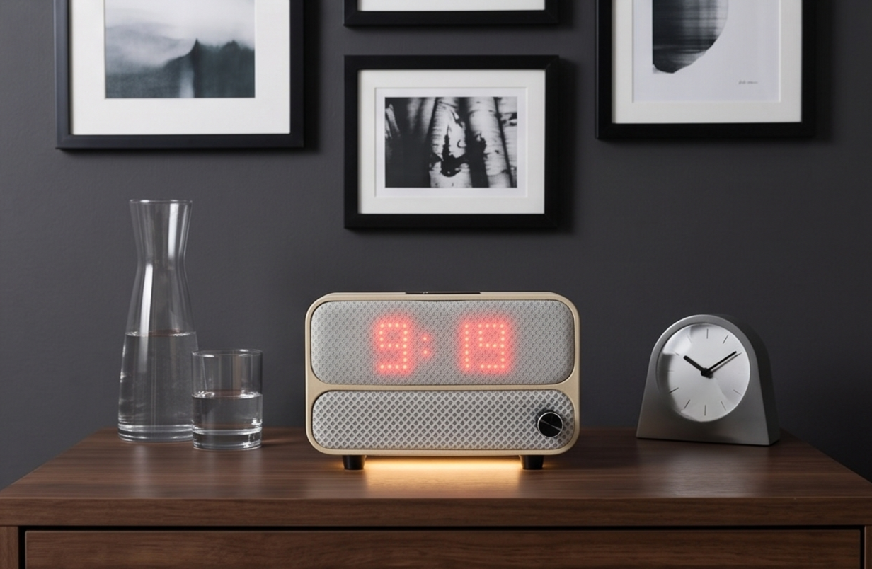 The Aveira One glowing 9:19 on a walnut dresser beneath a gallery wall