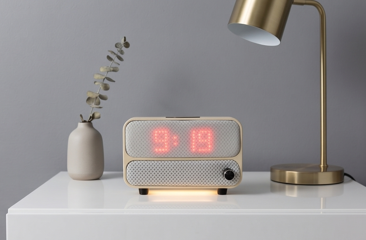 The Aveira One on a white nightstand beside a brass lamp and eucalyptus