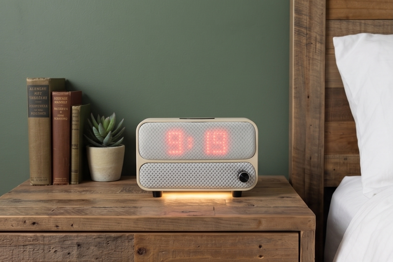 The Aveira One on a rustic wood nightstand against a sage green wall