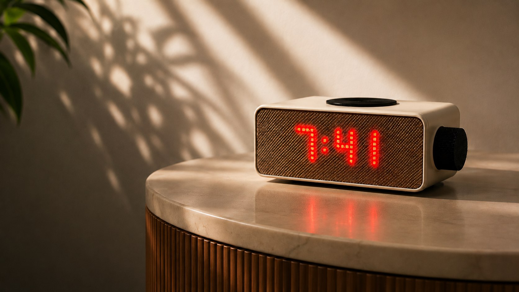 The Aveira One glowing 7:41 on a marble side table, dappled with plant-shadow light