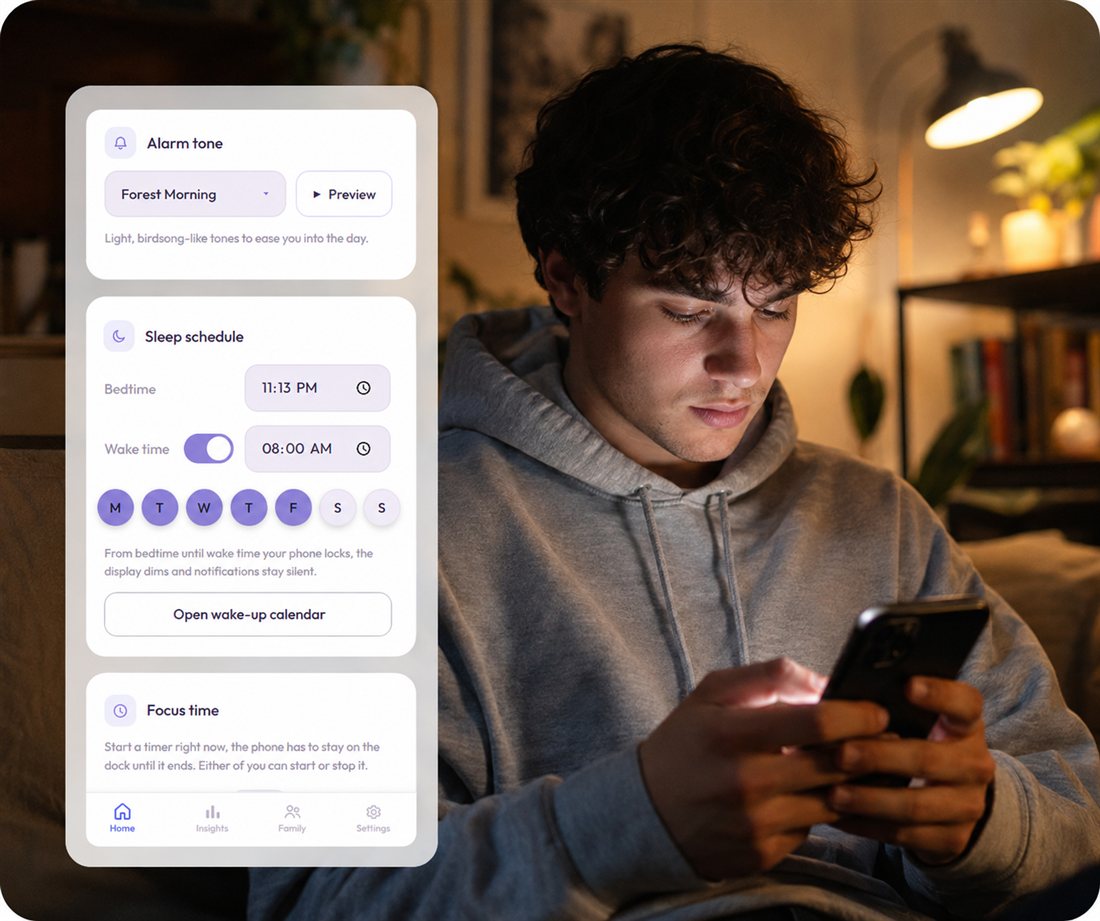 The Aveira Companion App's Sleep Schedule and Alarm Tone settings, open on a phone at night
