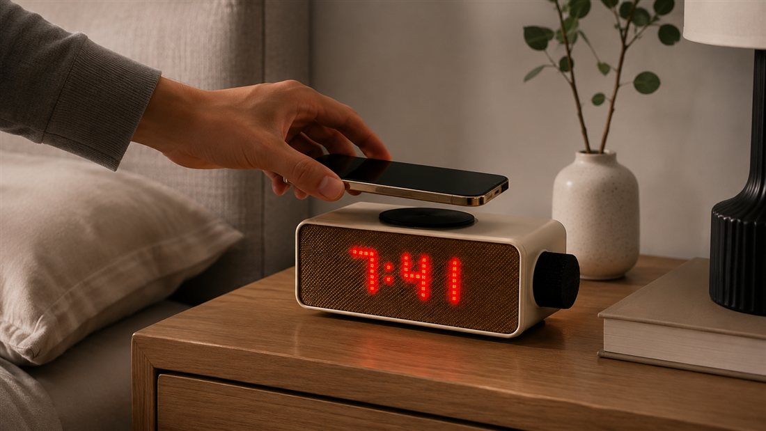A hand placing a phone face-down on the Aveira One's magnetic dock at bedtime