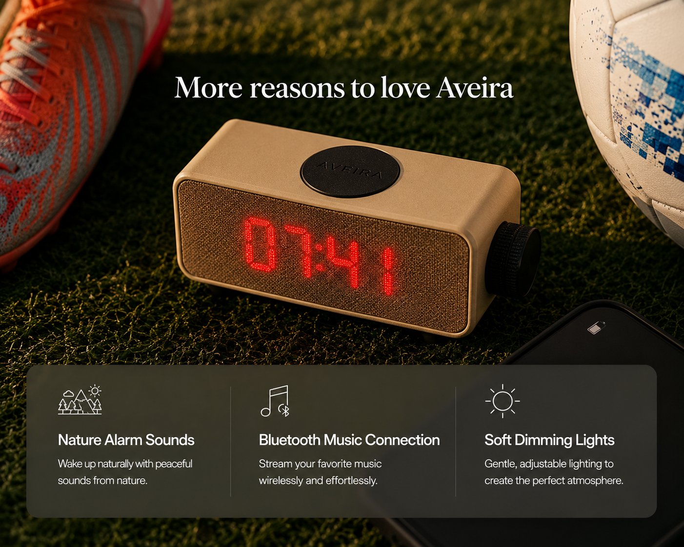 More reasons to love Aveira: nature alarm sounds to wake up naturally, Bluetooth music connection to stream your favorite music wirelessly, and soft dimming lights for gentle, adjustable lighting